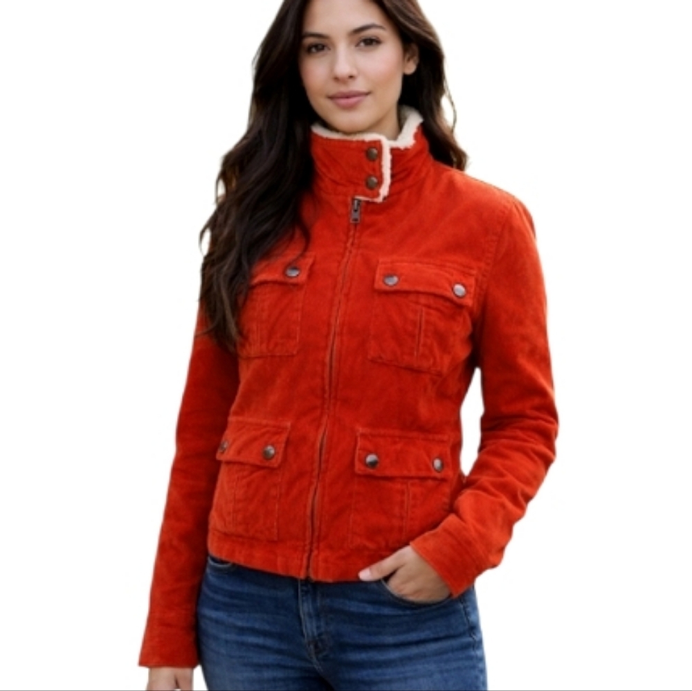 Lucky Brand Orange Corduroy Jacket Faux Shearling Collar Zip Front Sz Small